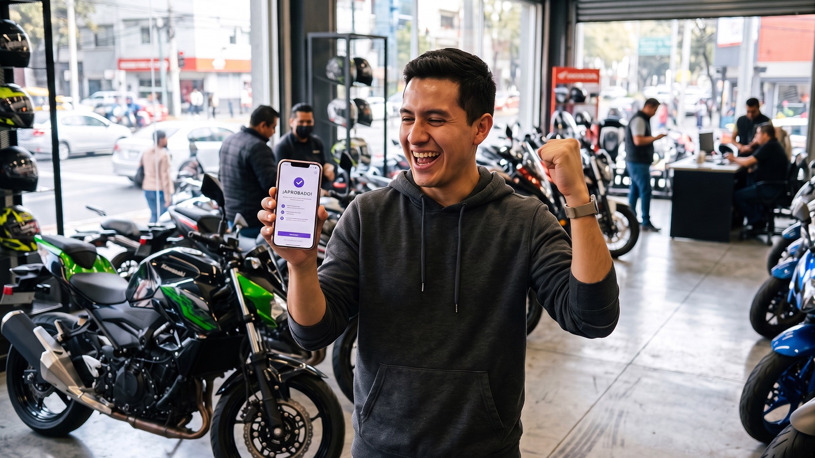 A customer celebrating an approved motorcycle loan on his phone at a dealership