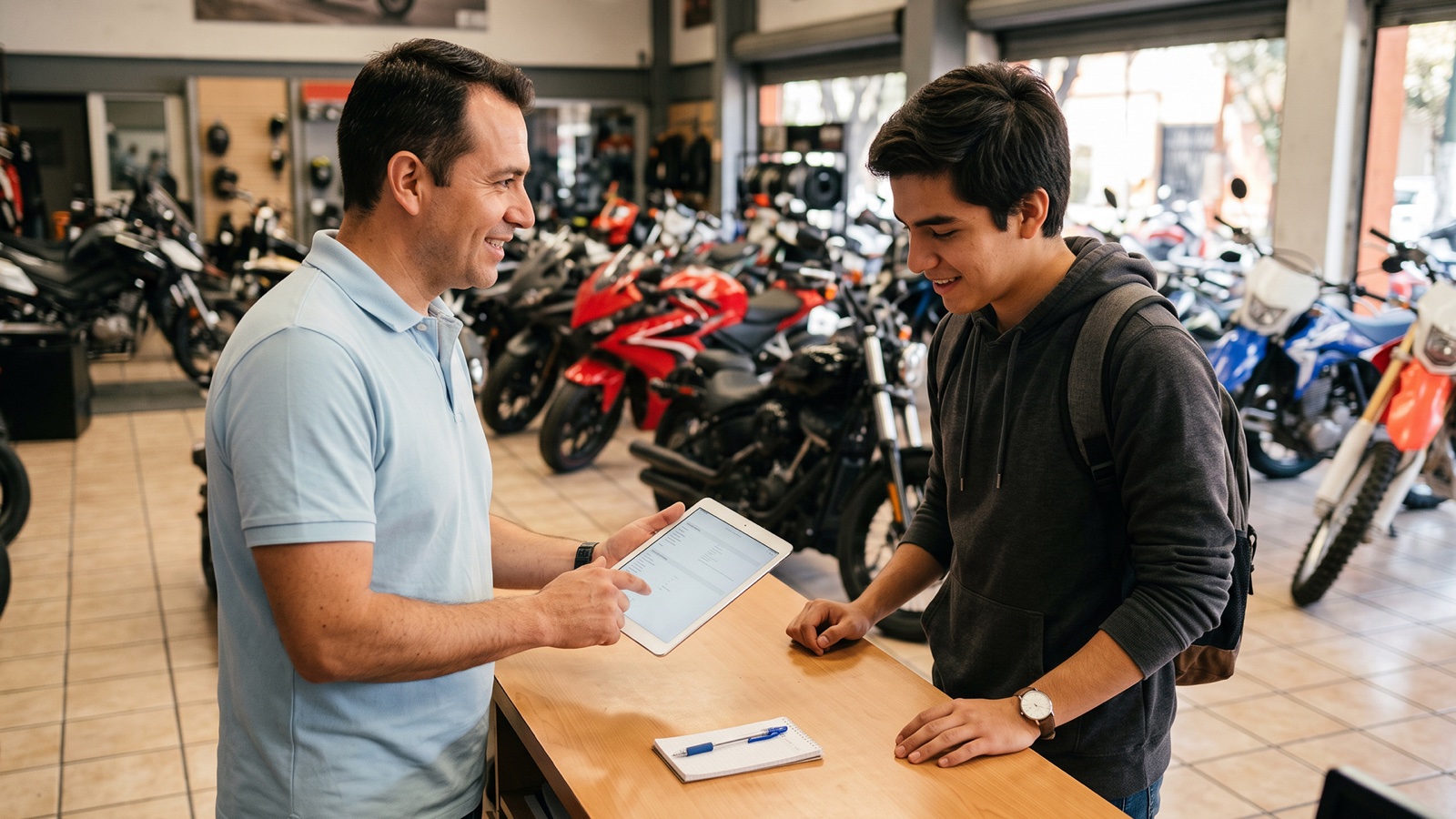 A dealer showing a customer their financing options on a tablet at the counter
