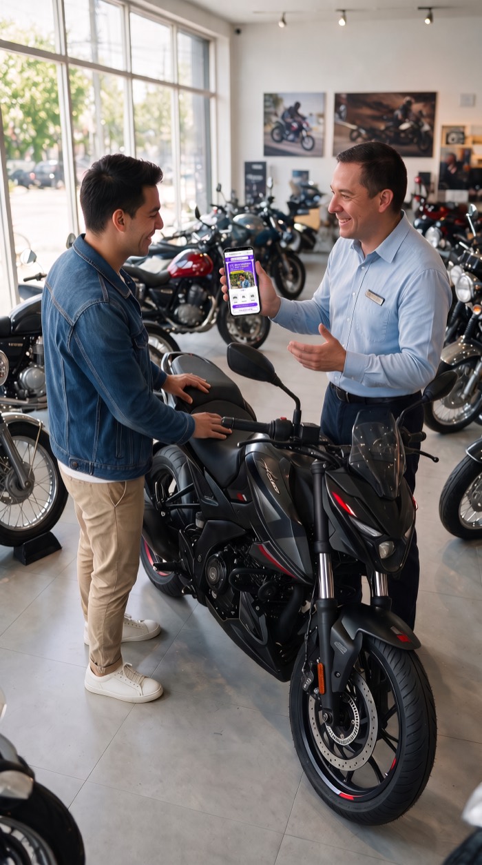 A salesperson shows the Galgo app to a customer beside a motorcycle at a dealership