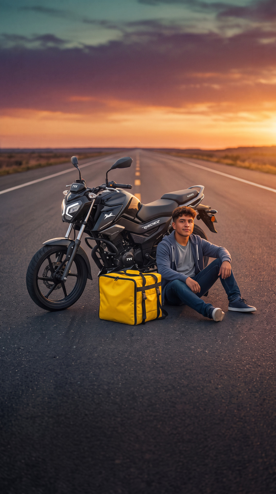 Joven sentado junto a su moto TVS Raider en una carretera al atardecer